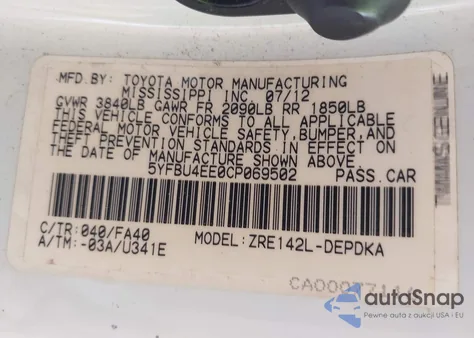 2012 Toyota Corolla L из США, поврежденный, VIN 5YFBU4EE0CP069502